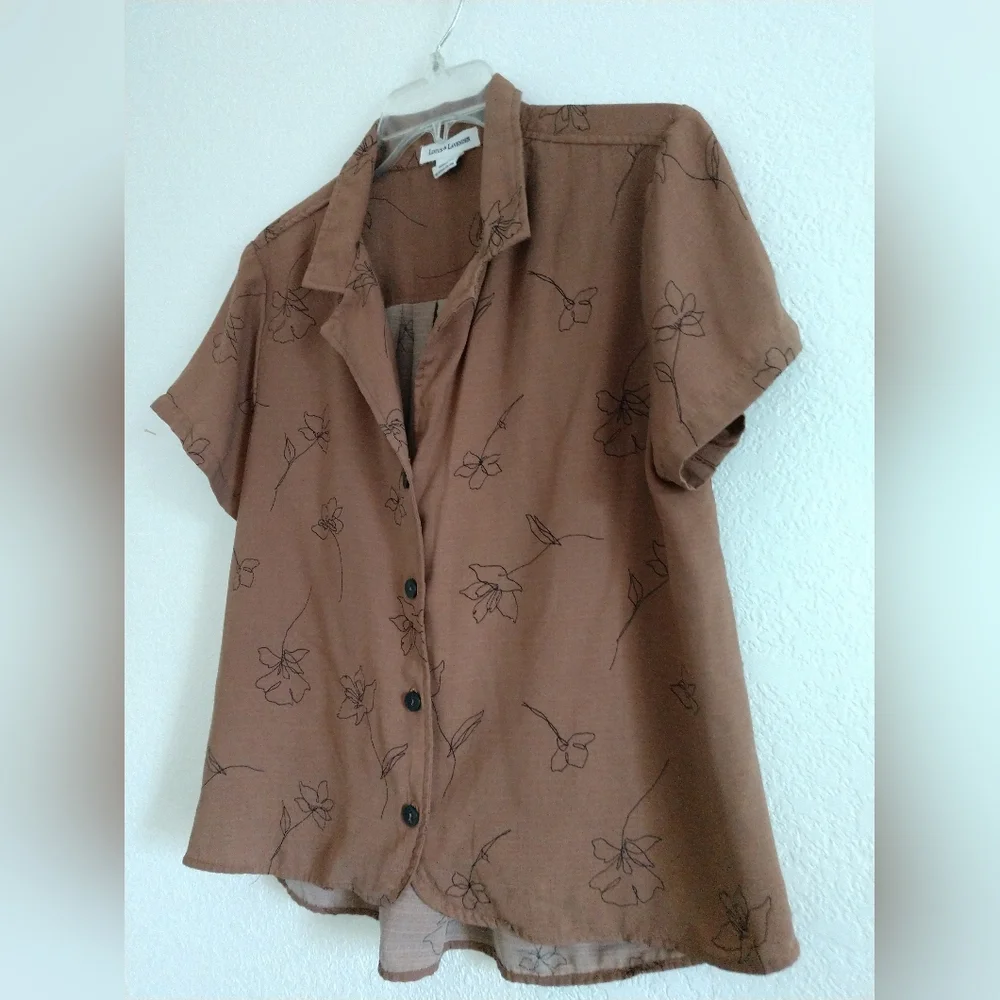 Lotus & Lavender Blouse Shirt Brown Black Floral Flowers Print Short Sleeve L - Picture 6 of 6